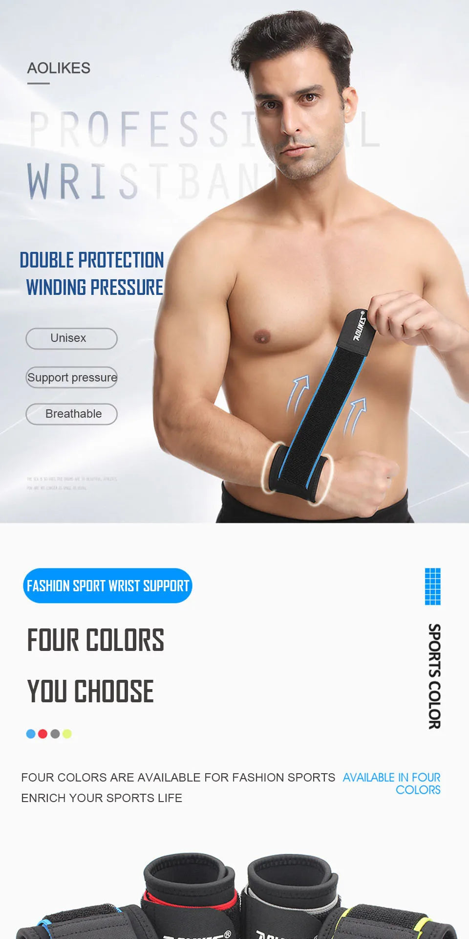 AOLIKES 1PCS Adjustable Sport Wristband Wrist Brace Wrap Bandage Support Band Gym Strap Safety sports wrist protector Hand Bands