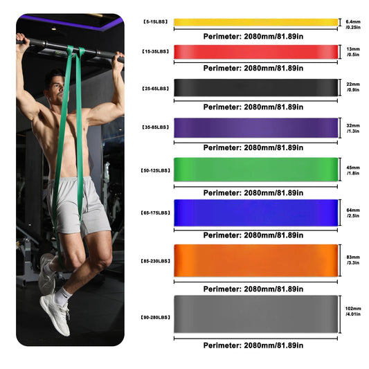 Hombre usando gum resistance bands for home fitness para entrenamiento con barra en casa.